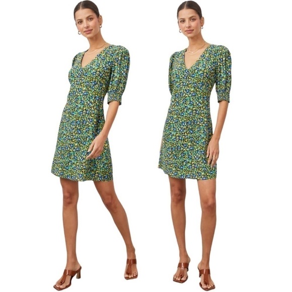 Rails Roma V Neck Short Puff Sleeve Abstract Floral Garden Print Mini Dress NEW - Picture 2 of 13